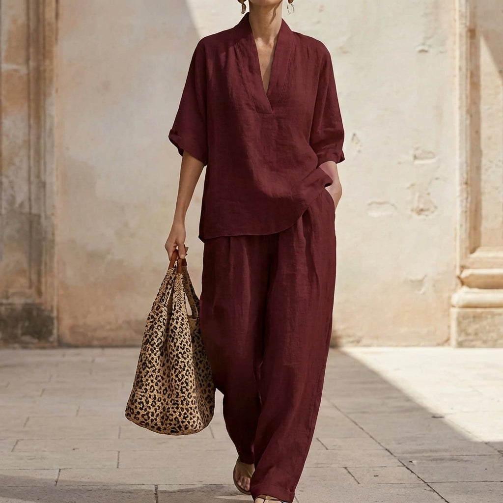 Dolores™ | Conjunto Relajado de Top Henley y Pantalón Ancho
