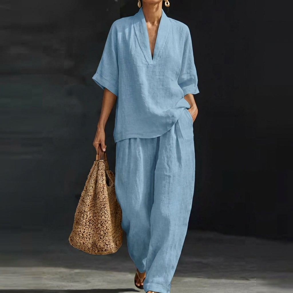 Dolores™ | Conjunto Relajado de Top Henley y Pantalón Ancho