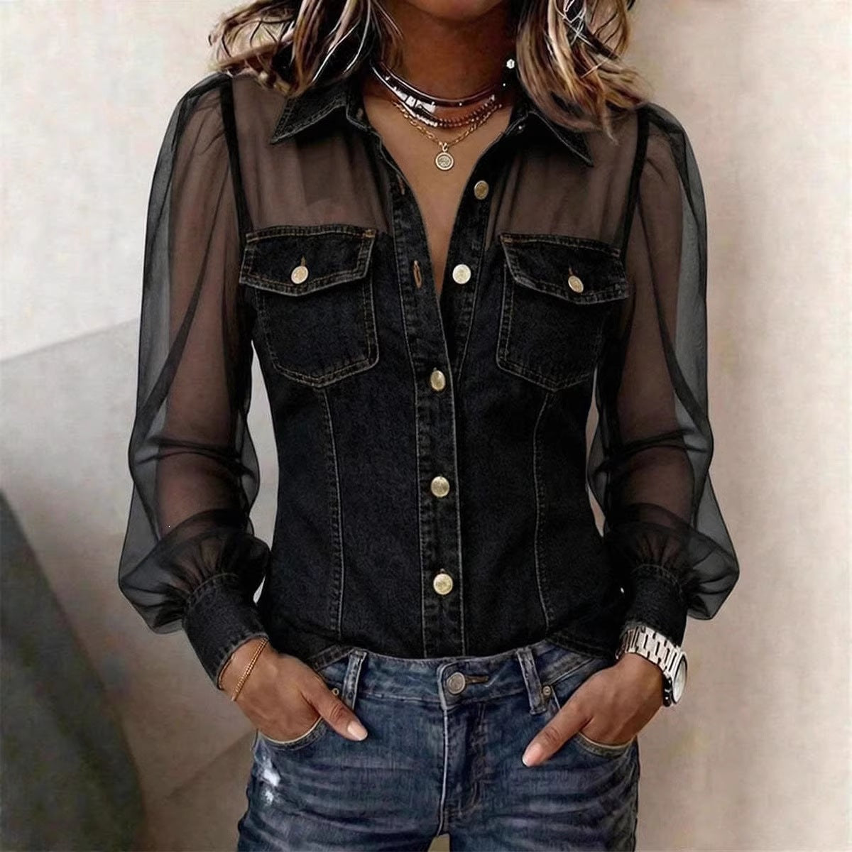 Valentina™ | Blusa Vaquera Patchwork con Manga Larga y Botones