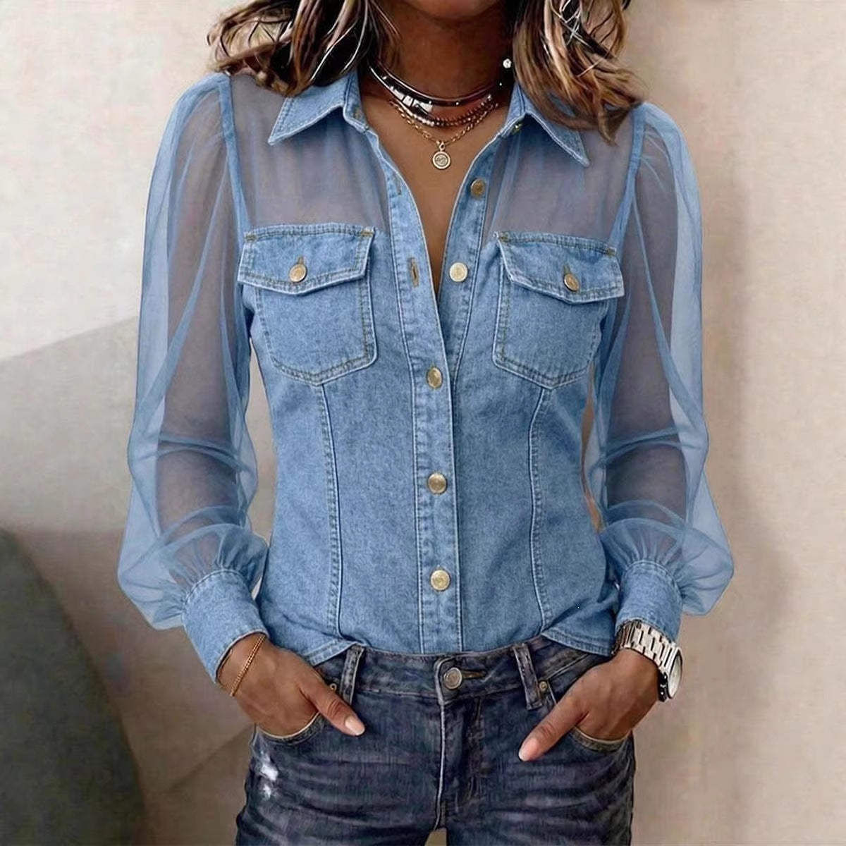 Valentina™ | Blusa Vaquera Patchwork con Manga Larga y Botones