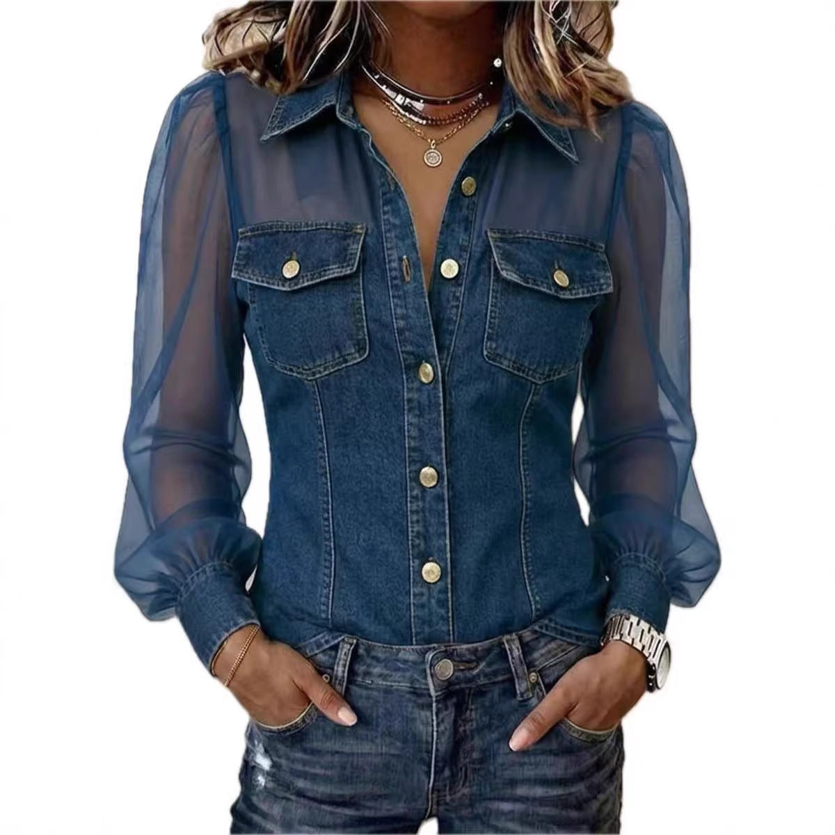 Valentina™ | Blusa Vaquera Patchwork con Manga Larga y Botones
