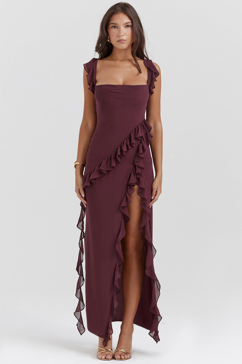 Amira™ | Vestido Largo de Tirantes Ciruela Oscura