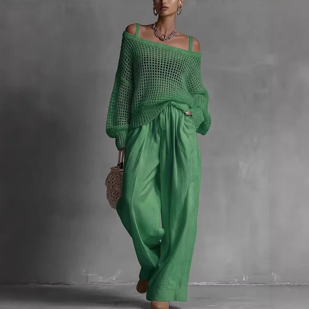 Claribel™ | Conjunto Elegante Top Hombros Descubiertos y Pantalón Pierna Ancha