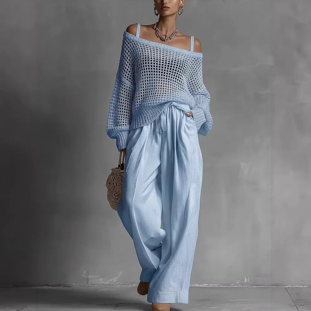Claribel™ | Conjunto Elegante Top Hombros Descubiertos y Pantalón Pierna Ancha