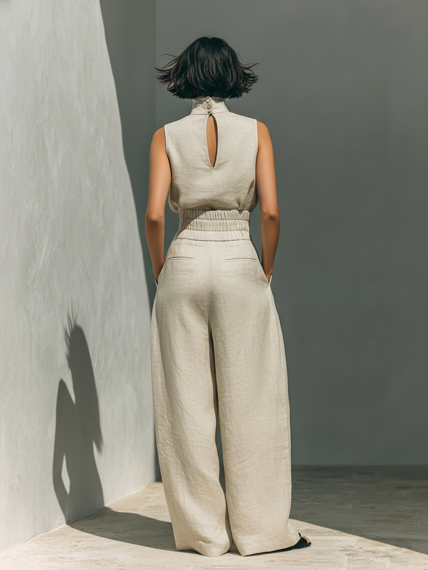 Aurora™ | Conjunto Coordinado Beige Holgado Sin Mangas con Pierna Ancha
