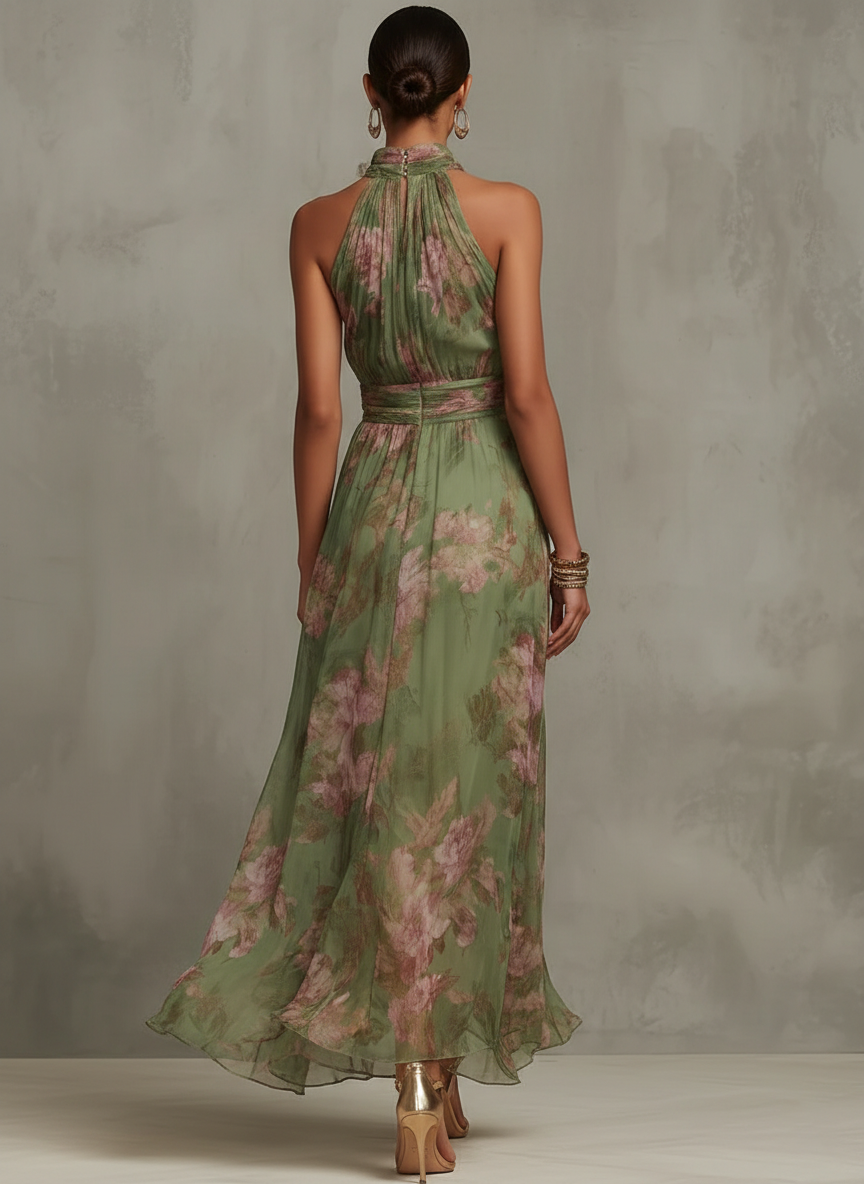 Serena™ | Vestido Largo de Gasa Floral con Cuello Halter