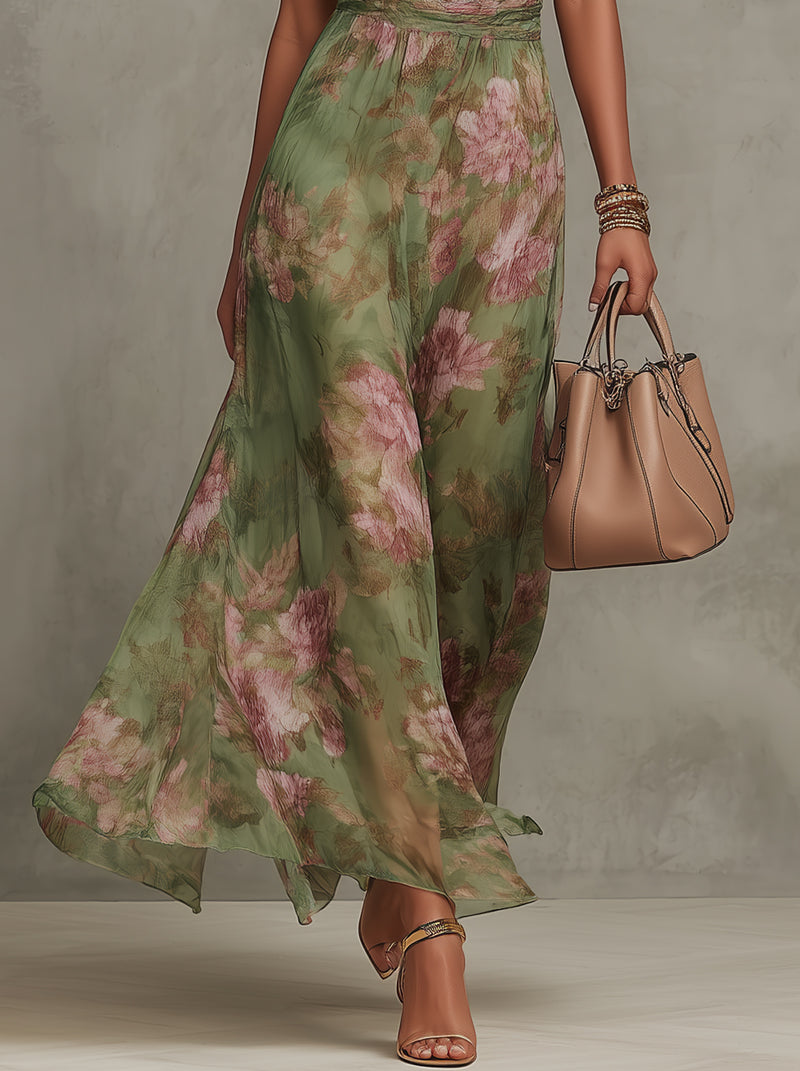 Serena™ | Vestido Largo de Gasa Floral con Cuello Halter