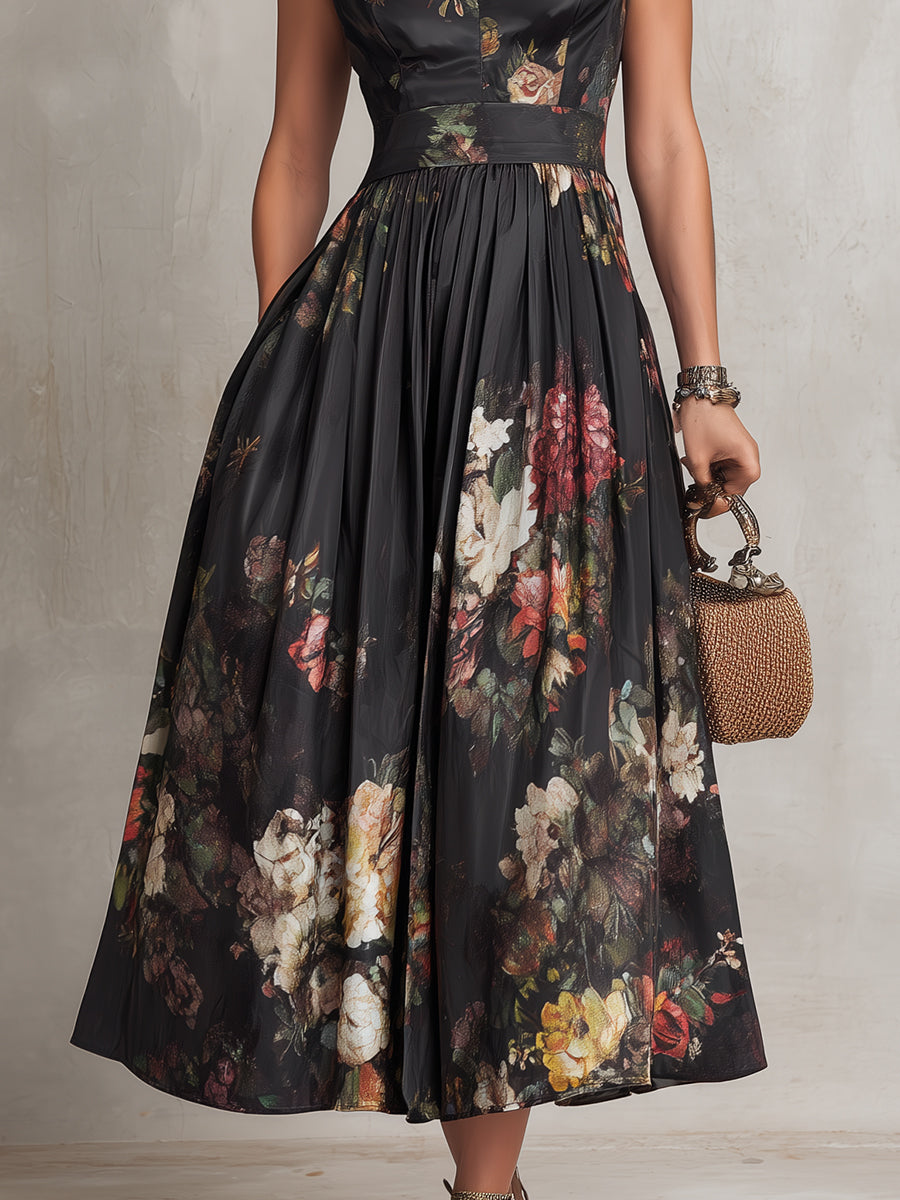 Violetta™ | Vestido Midi Negro de Satén Plisado con Estampado Floral y Escote Keyhole