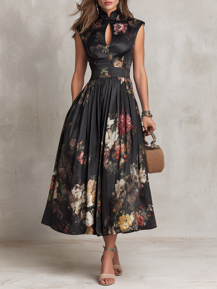 Violetta™ | Vestido Midi Negro de Satén Plisado con Estampado Floral y Escote Keyhole