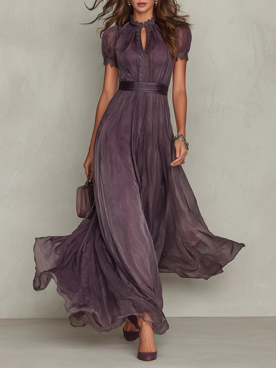 Flavia™ | Vestido Largo de Gasa Morado Elegante con Escote Lágrima