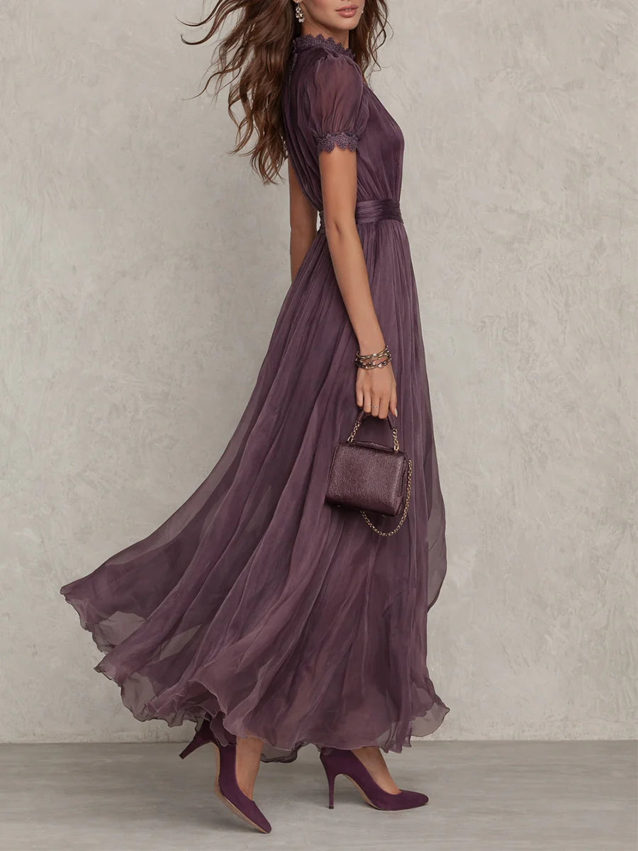 Flavia™ | Vestido Largo de Gasa Morado Elegante con Escote Lágrima