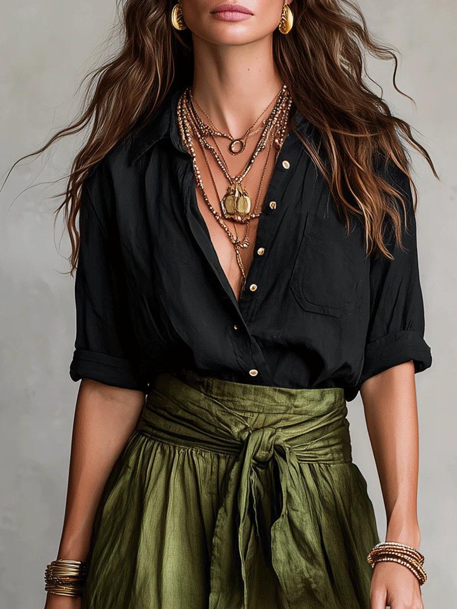 Tamara™ | Conjunto Camiseta Negra y Falda Midi Verde Oliva