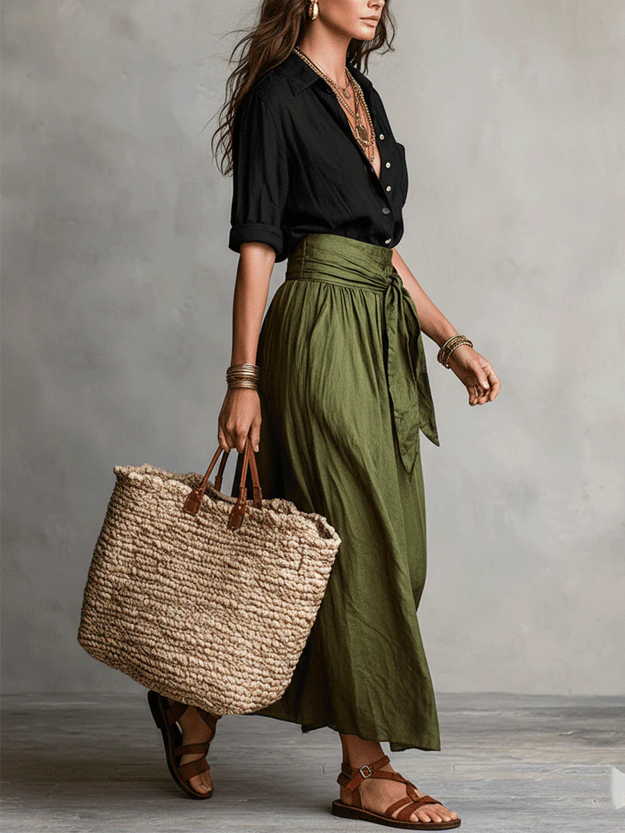 Tamara™ | Conjunto Camiseta Negra y Falda Midi Verde Oliva