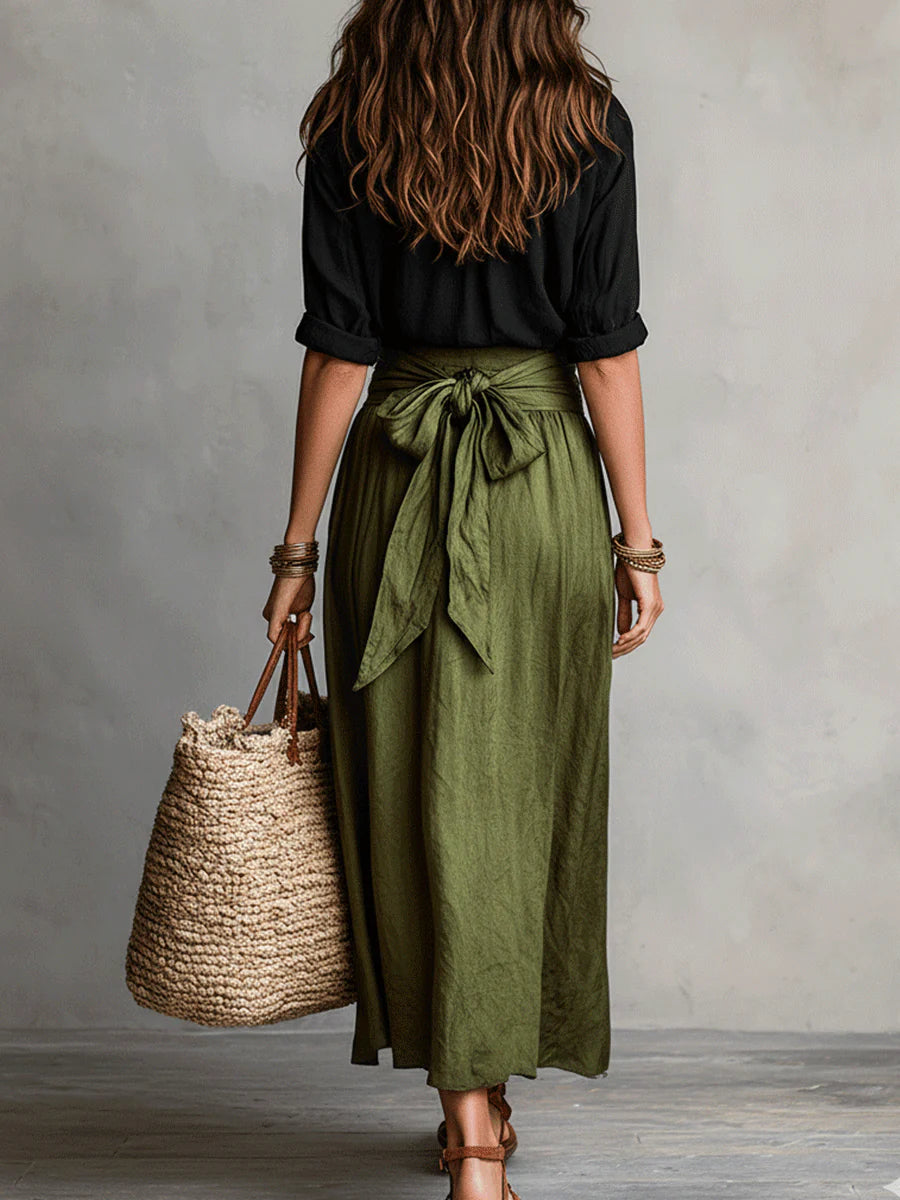 Tamara™ | Conjunto Camiseta Negra y Falda Midi Verde Oliva