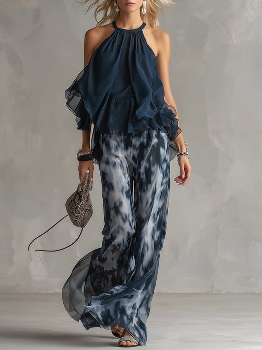 Ludovica™ | Conjunto Elegante de Top Halter Azul Marino y Pantalón Ancho Estampado