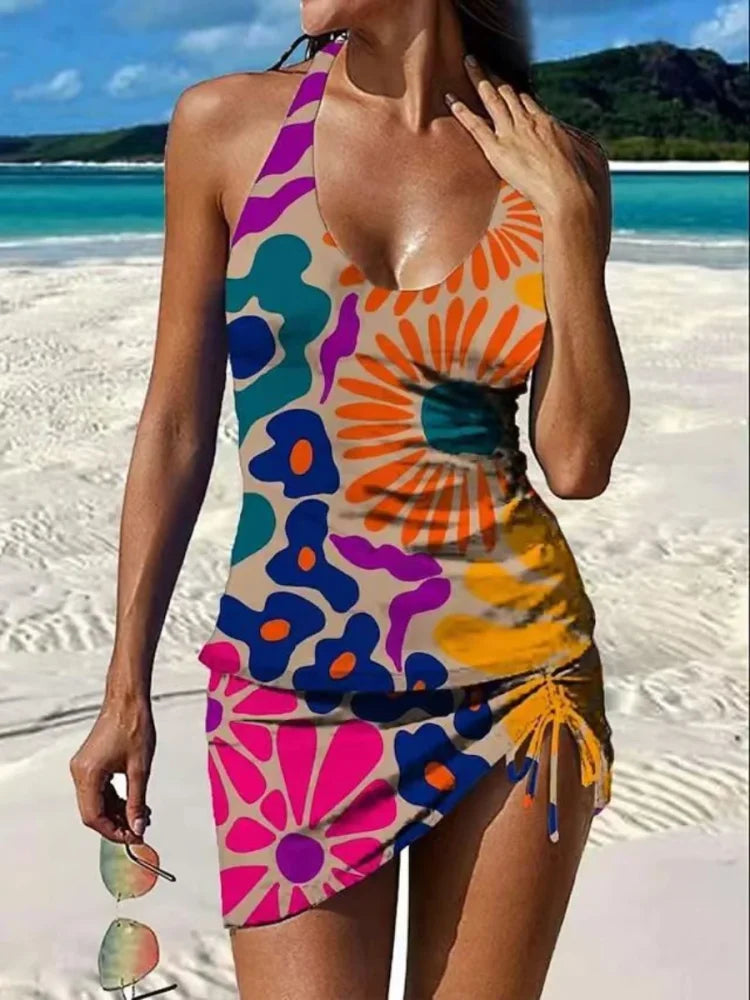 Elena – Tankini floral gráfico con short y efecto vientre plano