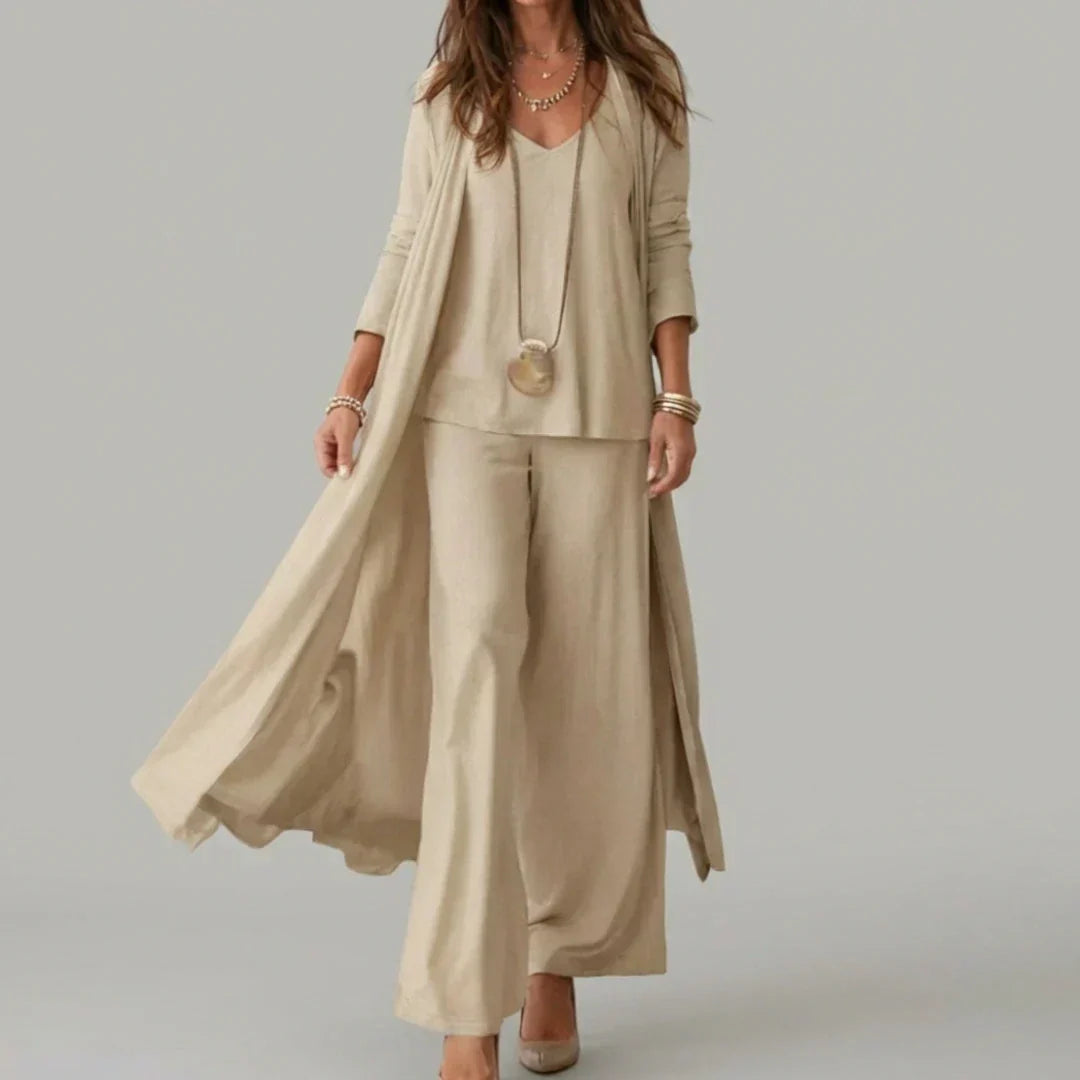 Raquel™ | Conjunto Suave de Tres Piezas con Túnica y Pantalón Ancho