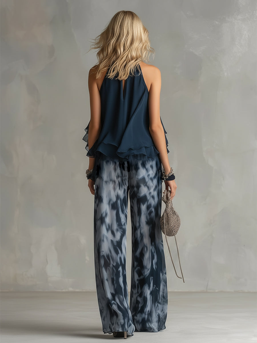 Ludovica™ | Conjunto Elegante de Top Halter Azul Marino y Pantalón Ancho Estampado