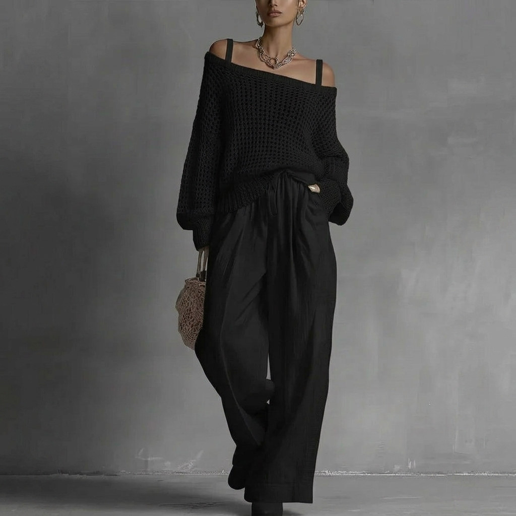 Claribel™ | Conjunto Elegante Top Hombros Descubiertos y Pantalón Pierna Ancha