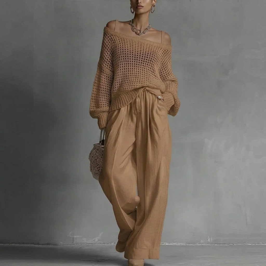 Claribel™ | Conjunto Elegante Top Hombros Descubiertos y Pantalón Pierna Ancha