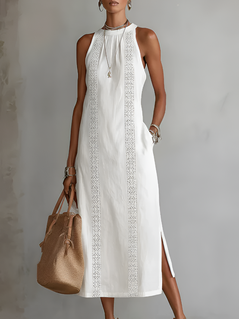 Jimena vestido midi lino cuello Mao blanco