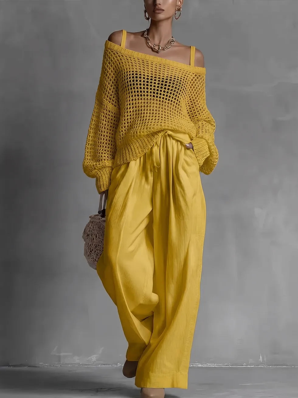 Claribel™ | Conjunto Elegante Top Hombros Descubiertos y Pantalón Pierna Ancha