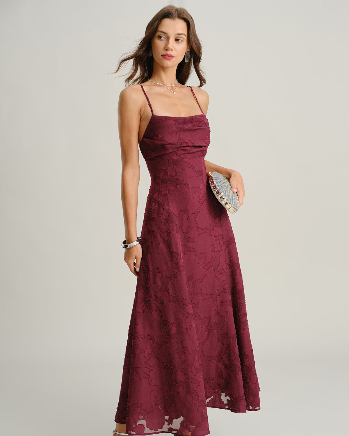 Vestido maxi slip jacquard rojo vino - imagen 3
