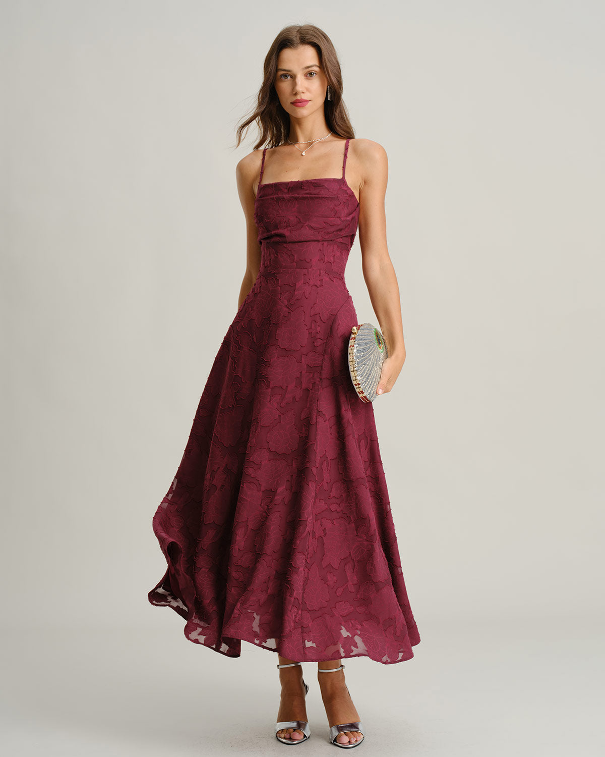 Vestido maxi slip jacquard rojo vino - imagen 4